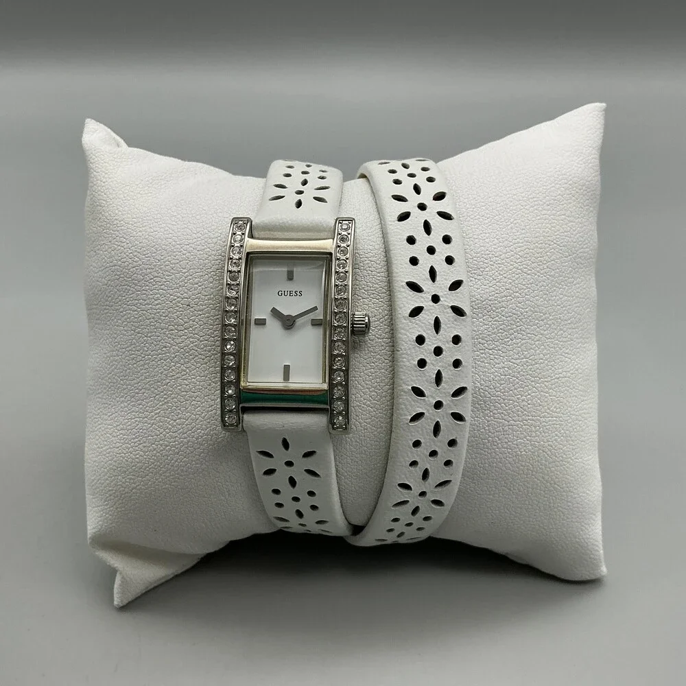 Guess Womens Watch 18mm Silver Tone White Dial Crystals Leather Wrap New Battery
